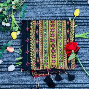 এলিগ্যান্ট কারচুপি কটন থ্রি-পিস - Black