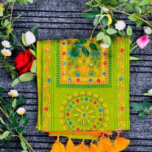 এলিগ্যান্ট কারচুপি কটন থ্রি-পিস - Olive